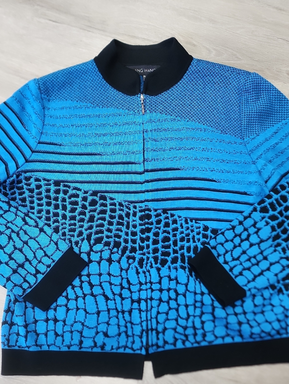 Ming Wang Blue and Black Knit Zip Jacket